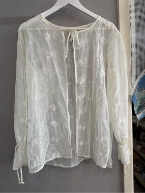 Sheer Embroidered Tie-Front Blouse - White